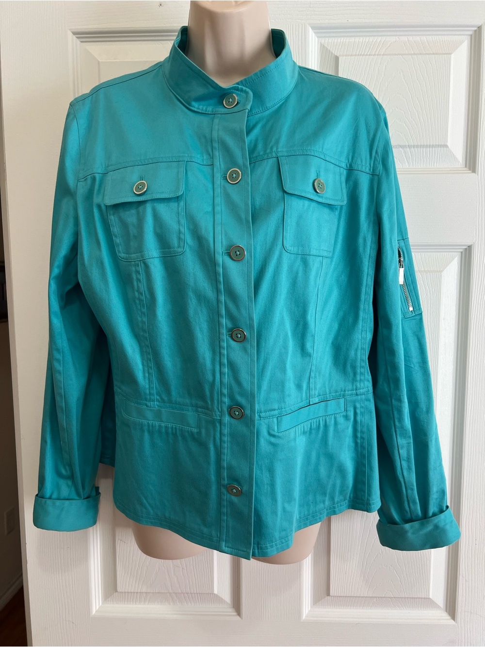 Jones New York Ladies Turquoise Jacket Button Front Pockets Sleeve Zip Collar Lg